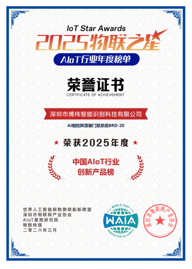 喜报！博纬智能BRD-20智能门禁获2025物联之星创新产品奖